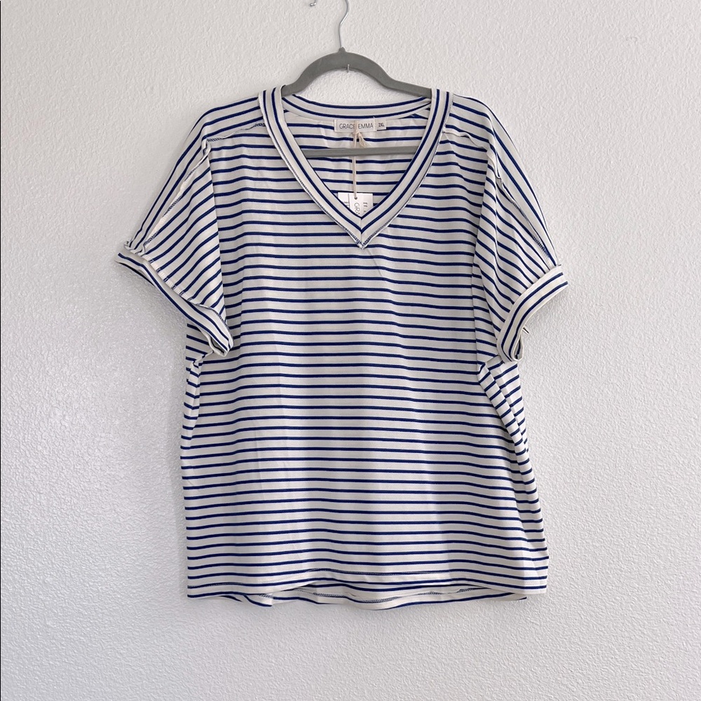 Cream and Royal Blue Striped Short Sleeve Tee, Size 2X